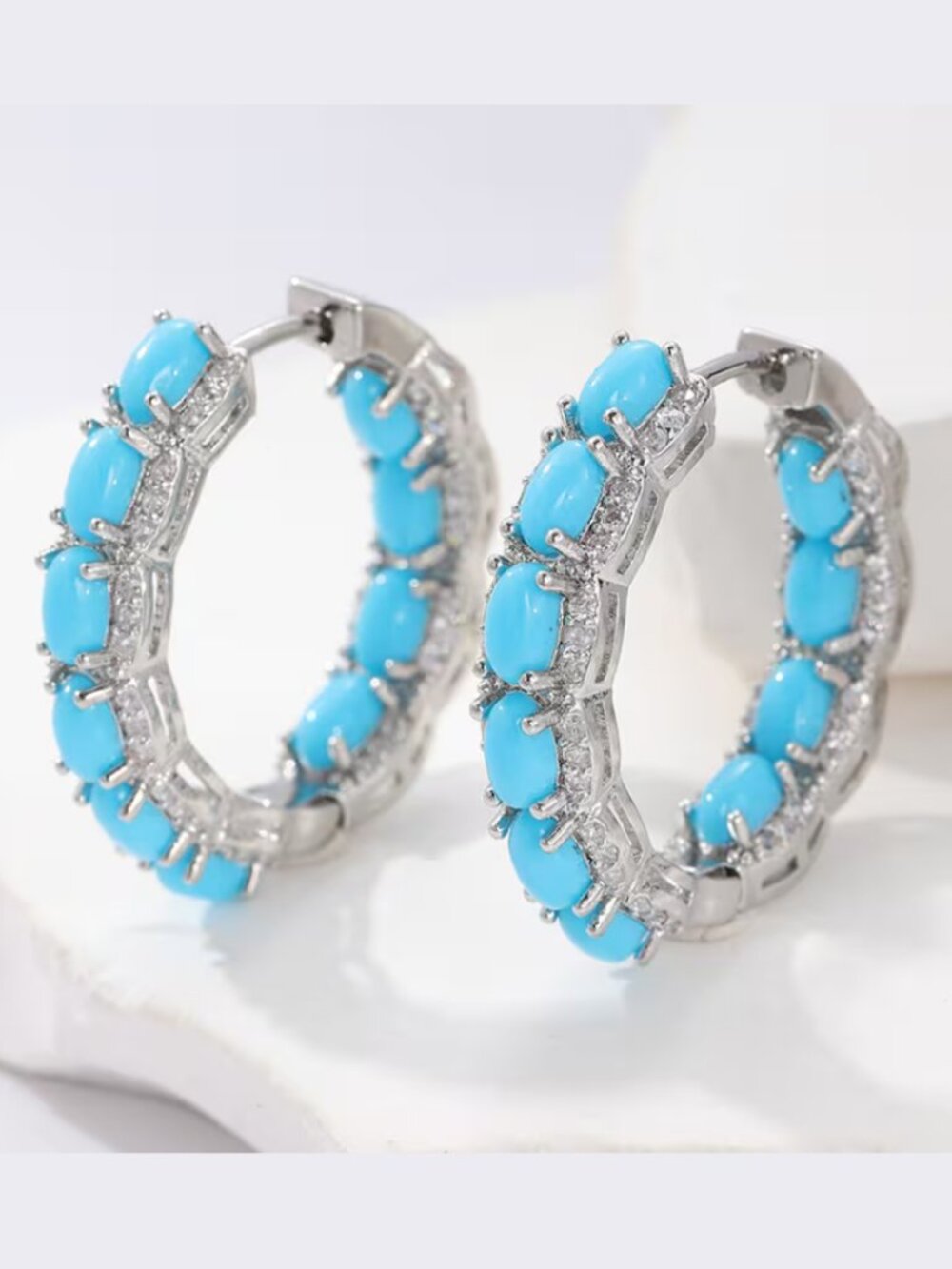 925 Silver Womens 2ct Blue Turquoise Gemstone 1ct Diamond Small Hoop Earrings